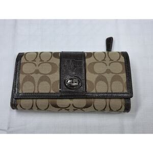 Coach Signature Trifold Wallet Brown Leathe Beige Canvas Checkbook Holder